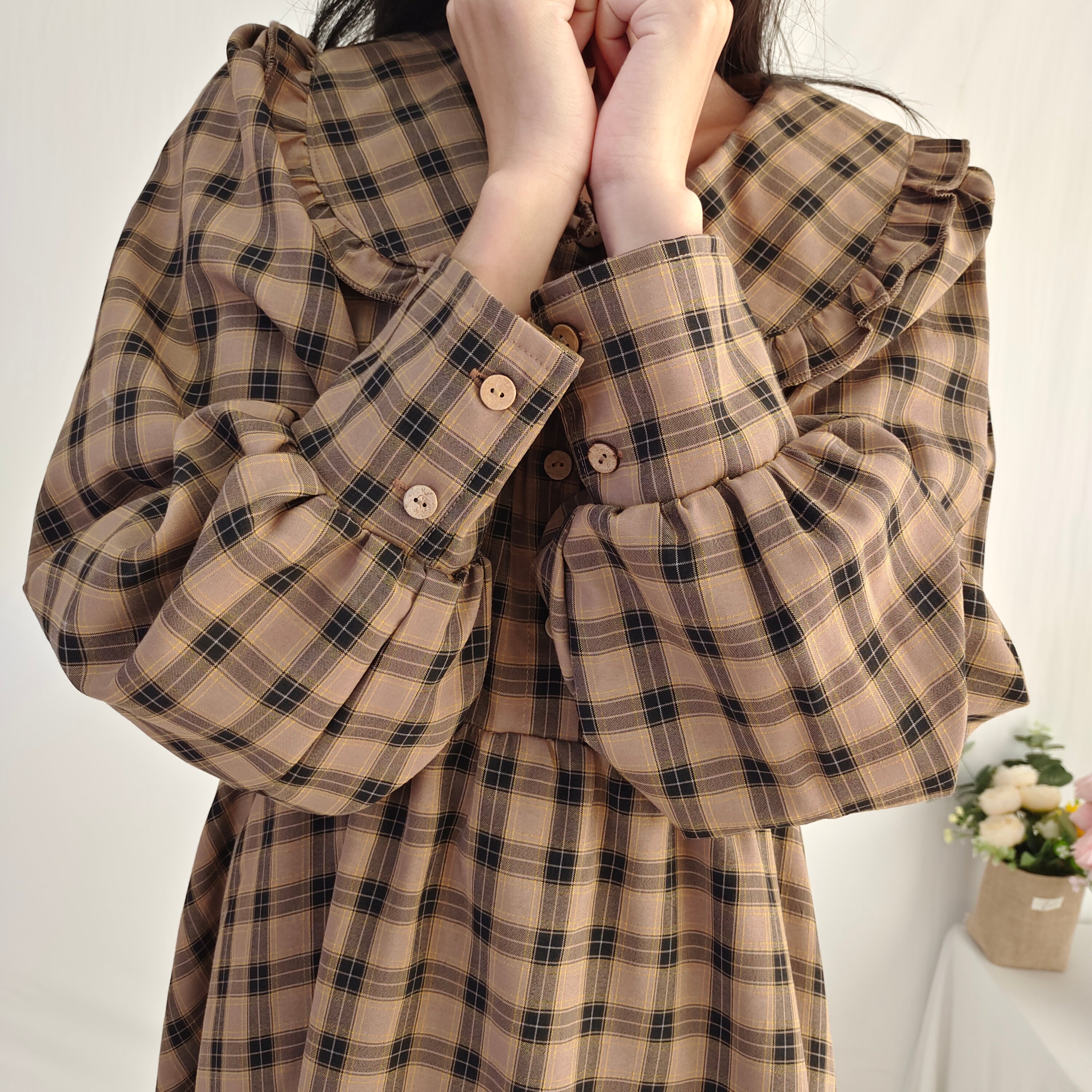 Vintage Plaid Long Sleeve Dress with Peter Pan Collar Ruffle Trim Midi Cottagecore Dress